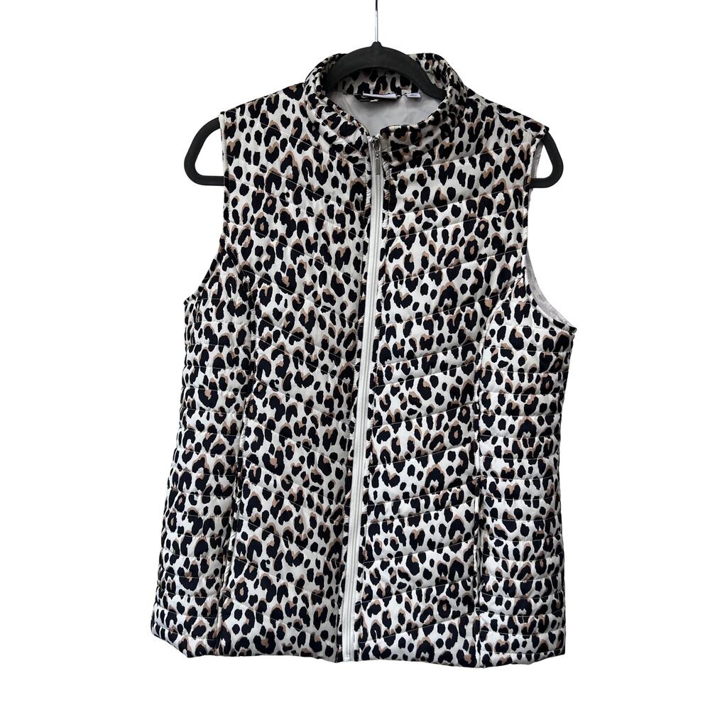 Kim Rogers Leopard Print Quilted Puffer Vest Zip Front Women’s Medium